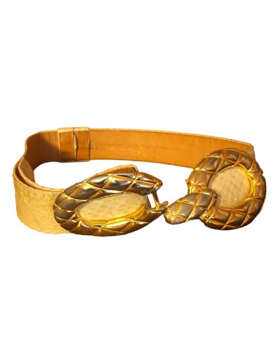 Alexis Kirk Vintage White Italian Snakeskin leather Gold embellished buckle belt